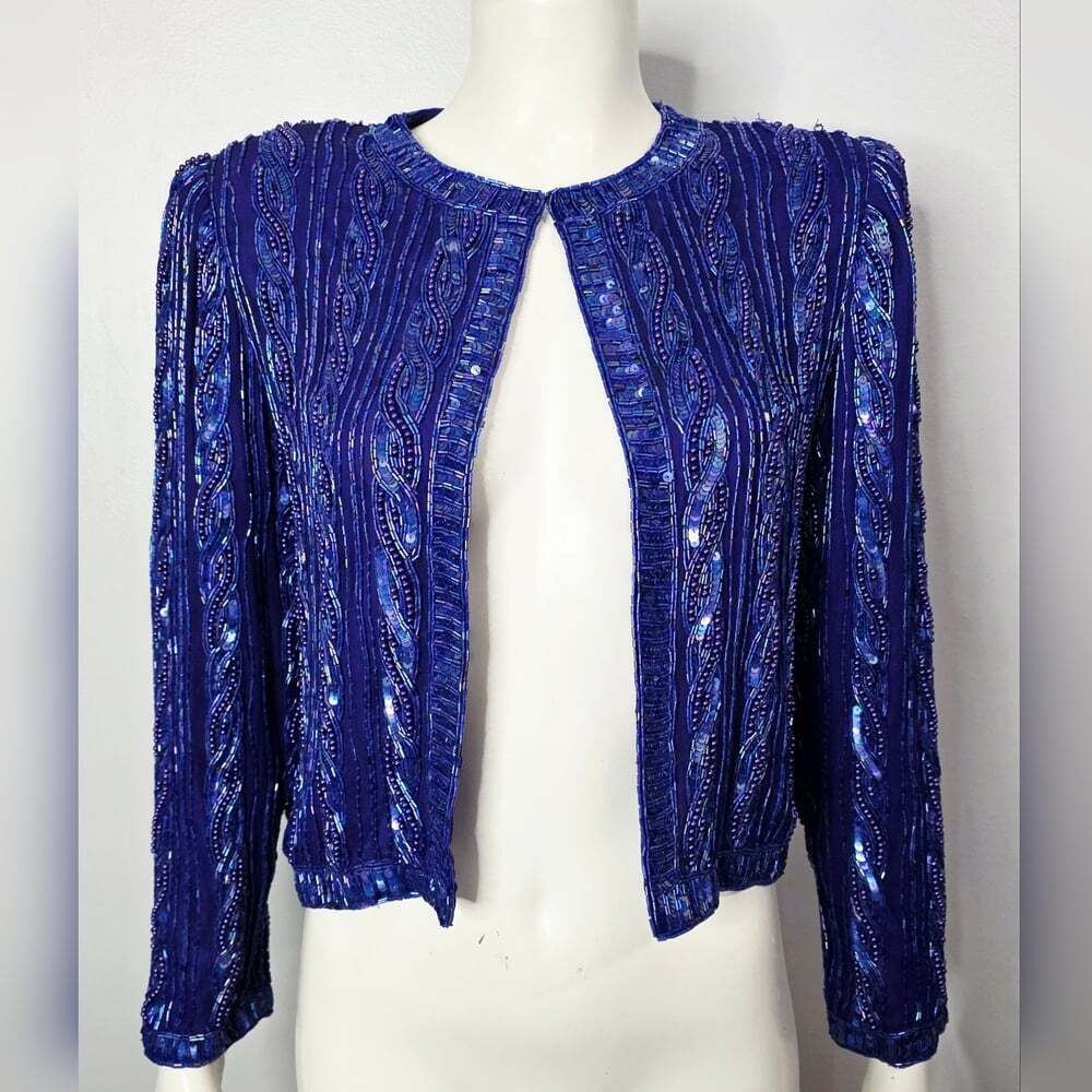 Vintage Blue Sequin And Beaded Women's Jacket